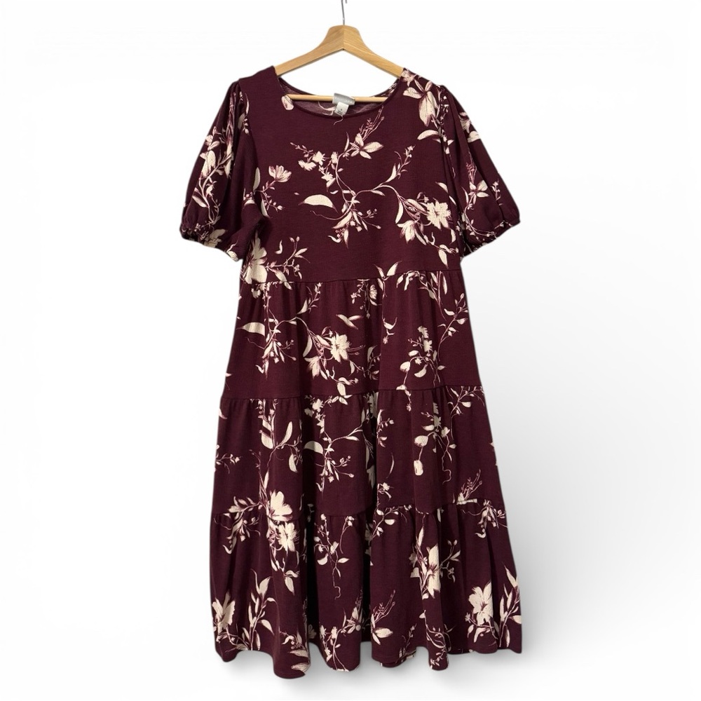 Ava & Viv plus size burgundy dark red floral short sleeve midi dress puff sleeve